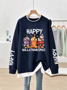 Plus Size Women's 2 In 1 Patchwork Sweatshirt, Halloween Thanksgiving Christmas Cartoon Print, Holiday Letter Sleeve Loose Drop Shoulder Long Sleeve Pullover - Navy Blue - View 11