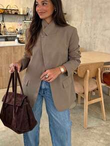 Minimalist Solid Color Single-Button Slit Women's Blazer, Elegant Stand Collar Office Commute Long Sleeve Outerwear Jacket For Autumn - Maroon - View 1