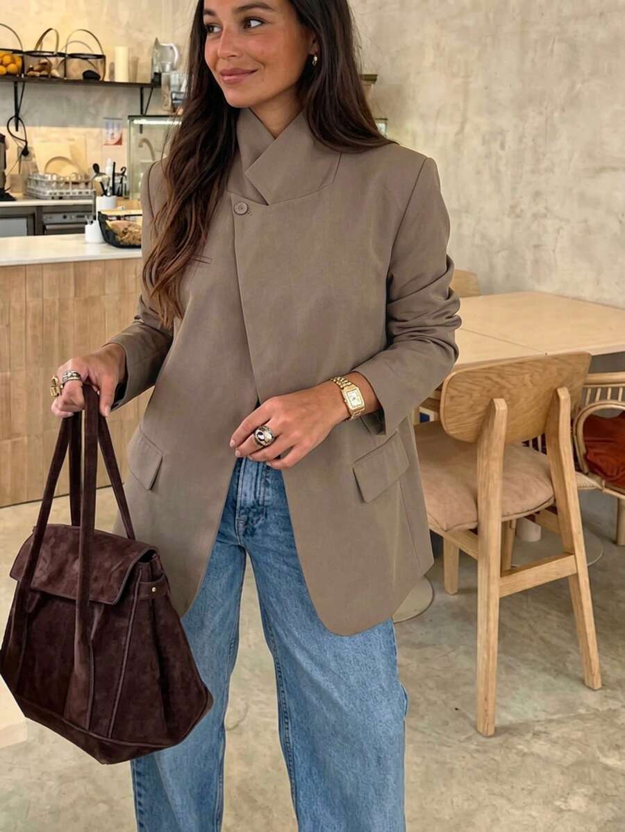 Minimalist Solid Color Single-Button Slit Women's Blazer, Elegant Stand Collar Office Commute Long Sleeve Outerwear Jacket For Autumn - Maroon - View 1