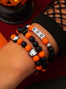 Halloween-Themed Funny Costume Set Consisting Of A Multi-Layered String Of Ghost-Shaped Beads And A String Bracelet Set. - Multicolor - View 2