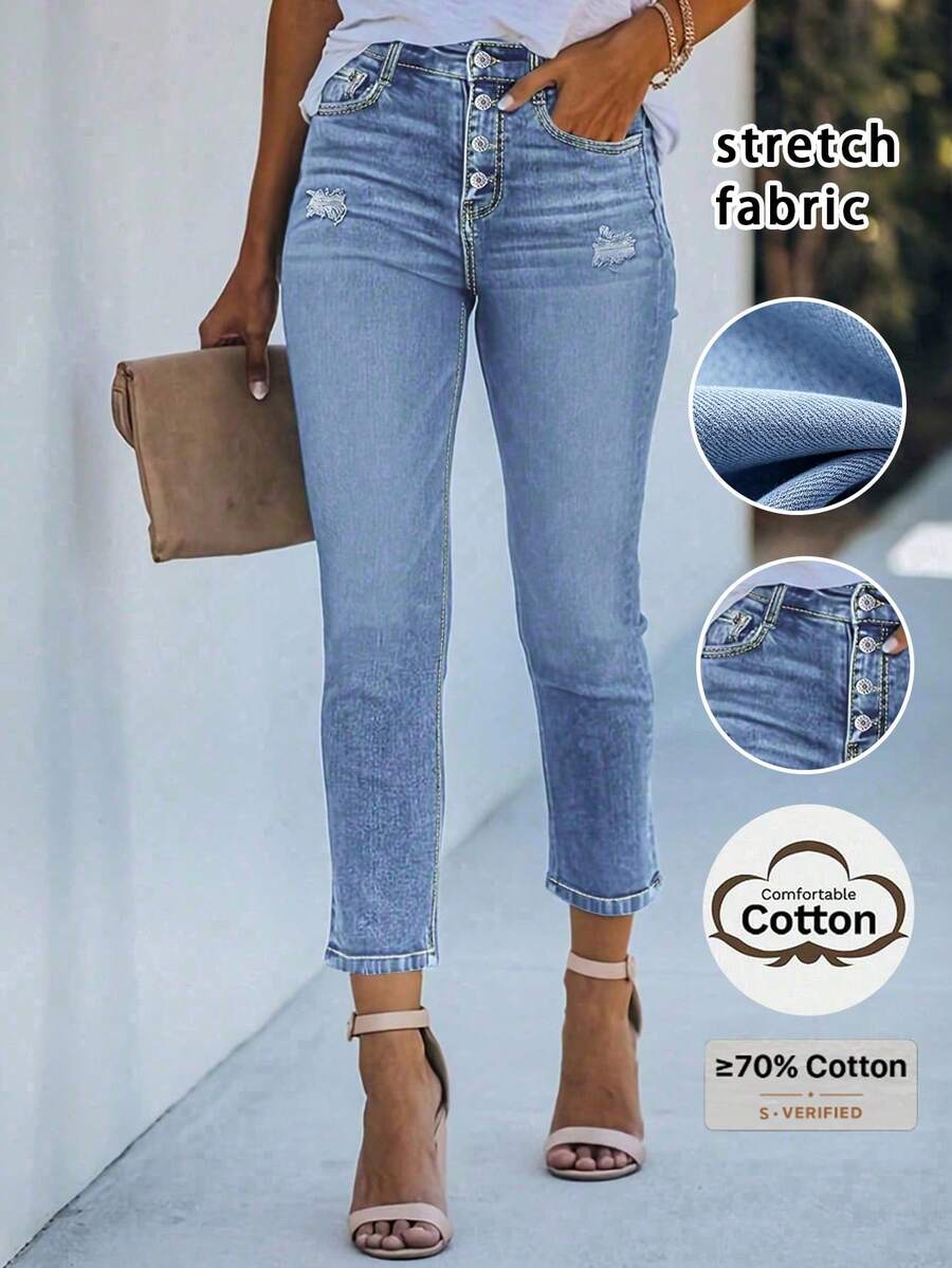 Stretchy Single-Breasted Women's Denim Skinny Casual Pants Spring Fall
