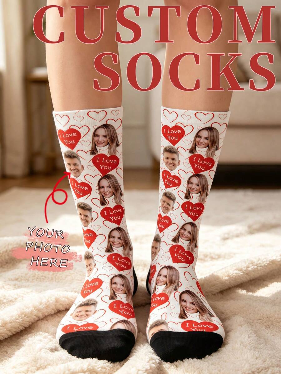 Custom Heart & Lock Key Print Crew Socks, Romantic I Love You Personalized Photo Mid-Calf Gift Socks For Women - White - View 1