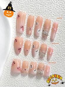10件組萬聖節主題可愛手作穿戴甲，Polygel美甲套組，蜘蛛圖案，粉色指甲油，秋季萬聖節風格，3種尺寸可選，杏仁形、鴨嘴形、棺材形，適合派對、舞會、日常配戴（手工細節可能有所不同） - 彩色 - 查看 1