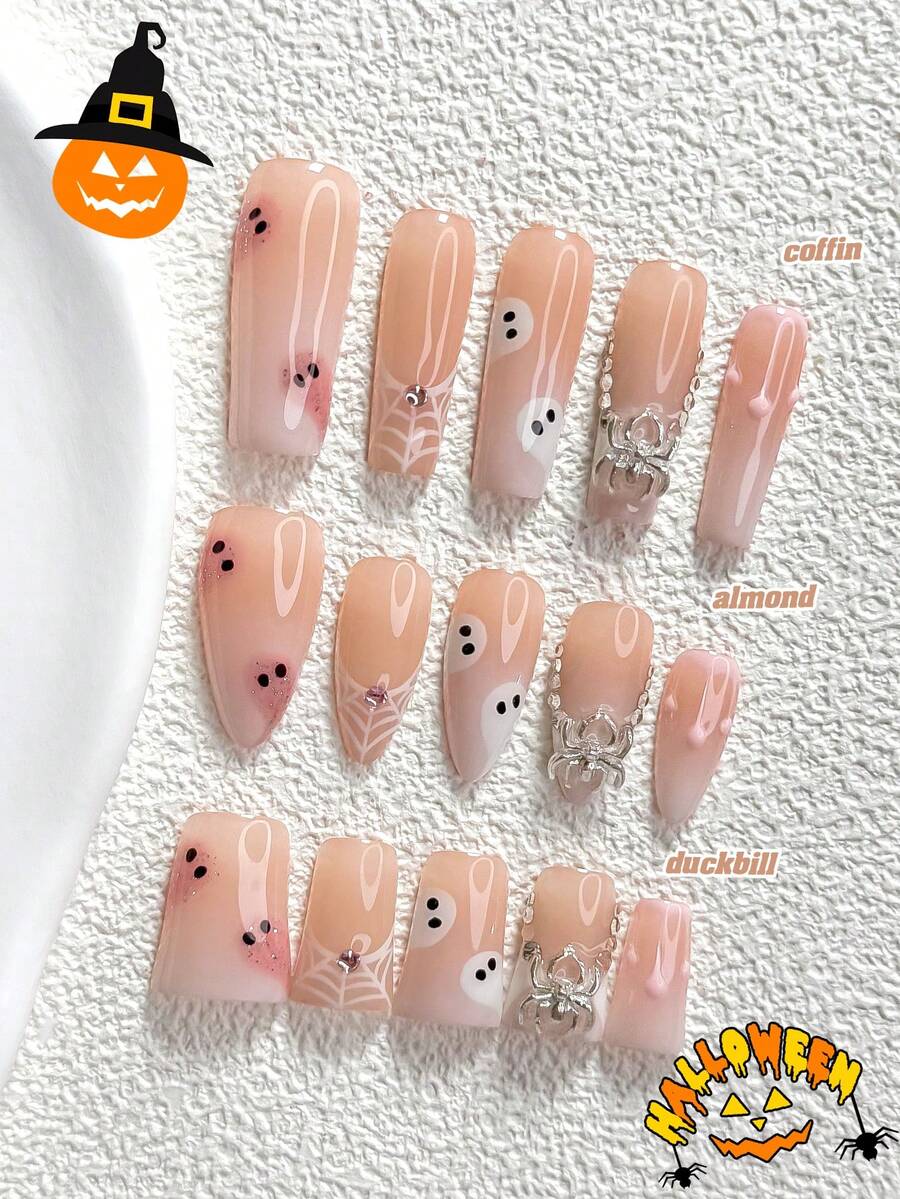 10件組萬聖節主題可愛手作穿戴甲,Polygel美甲套組,蜘蛛圖案,粉色指甲油,秋季萬聖節風格,3種尺寸可選,杏仁形、鴨嘴形、棺材形,適合派對、舞會、日常配戴(手工細節可能有所不同) - 彩色 - 查看 1