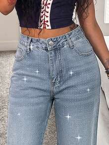European & American Women's Non-Stretch Mid-Waist Versatile Fashion Fully Rhinestone Floor-Length Jeans, Loose Straight-Leg Design - Light Wash - View 10