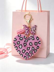 Creative Personalized Heart-Shaped Leopard Print Rhinestone Keychain Bag Charm Pink & Minimalist Daily Wear Gift Key Chain - Multicolor - View 8