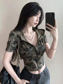 性感Y2K露脐上衣，韩版街头风夏季拉链修身迷彩短袖连帽T恤开衫露脐上衣 - 軍綠色 - 查看 1