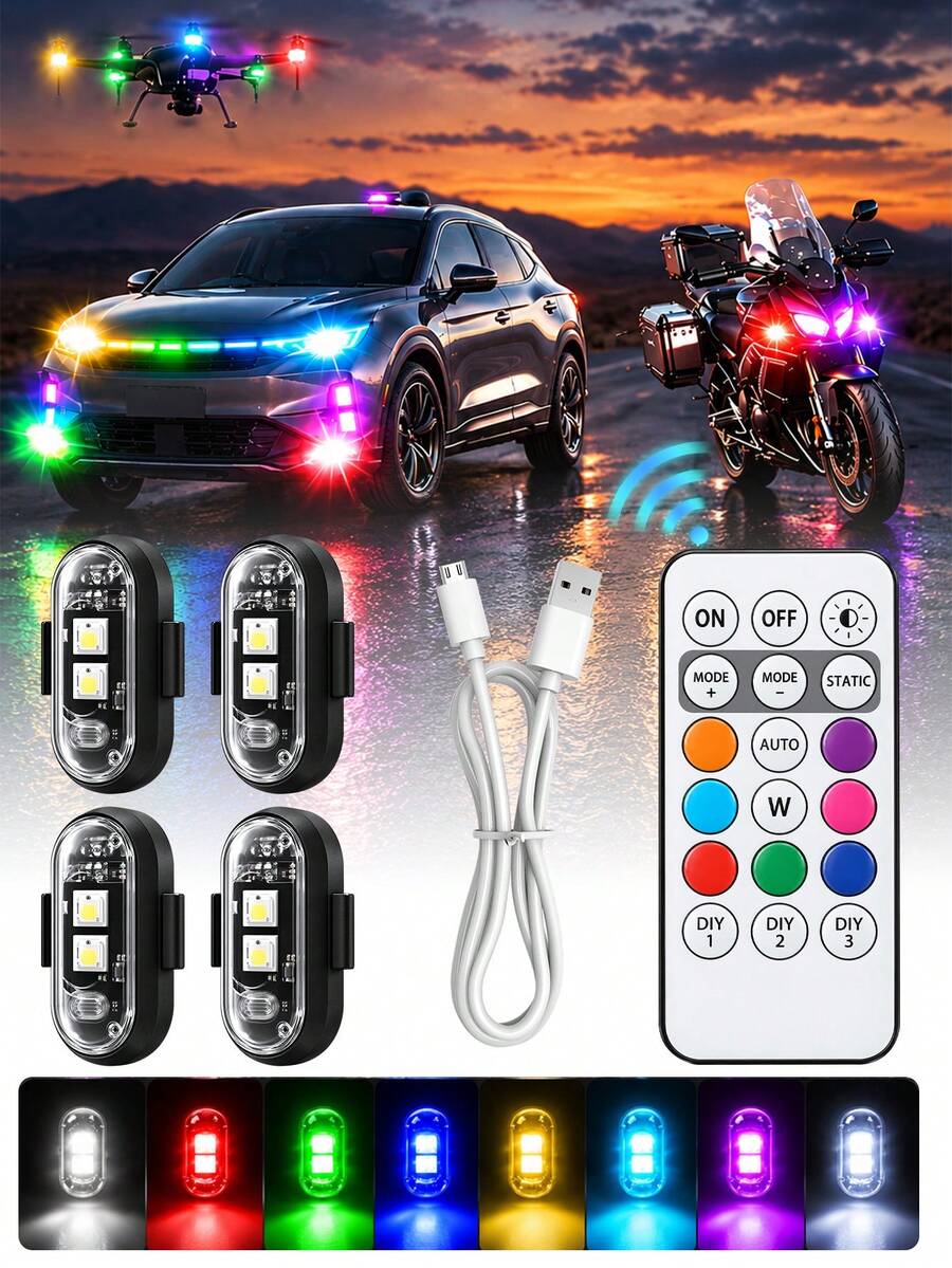 Wireless Remote Control RGB LED Flashing Light, Colorful Flashing Warning Light, Multi-Mode Car Interior Atmosphere Light, Rechargeable Car And Motorcycle Light, Car Accessories, Party Decoration, Christmas Halloween Gift - A - View 1