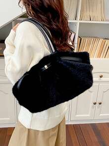 Soft Fuzzy Plush Tote Bag, Winter Retro Shoulder Bag, Large Capacity Handbag With Handles Suitable For Office Shopping Daily Used Commuting - Multicolor - View 5