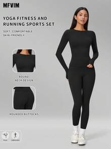 MFVIM Women's Autumn/Winter New Solid Color Long Sleeve + Long Pants 2 Pieces Yoga Sports Pilates Set - Premium Black - View 1