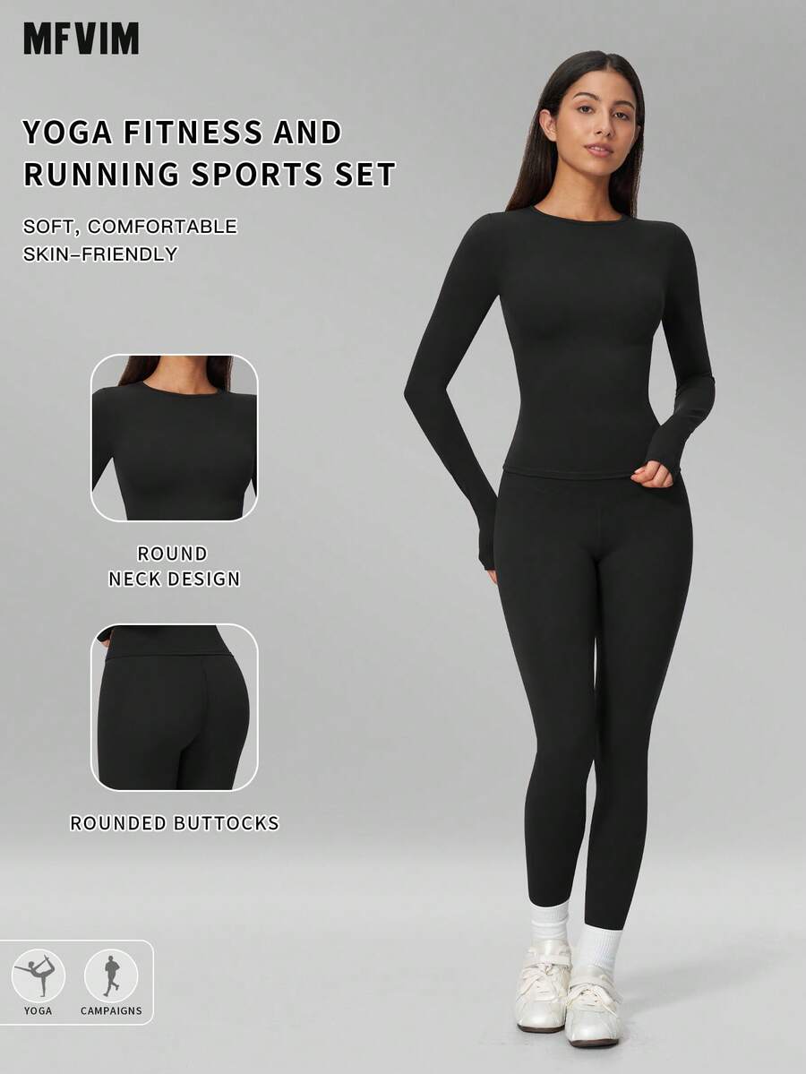 MFVIM Women's Autumn/Winter New Solid Color Long Sleeve + Long Pants 2 Pieces Yoga Sports Pilates Set - Premium Black - View 1