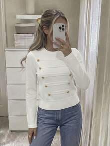 Women's Autumn Outfit: White Knit Round Neck Long Sleeve Top With Metal Buttons, Fashionable Minimalist Style, Suitable For Daily And Work Wear - White - View 3
