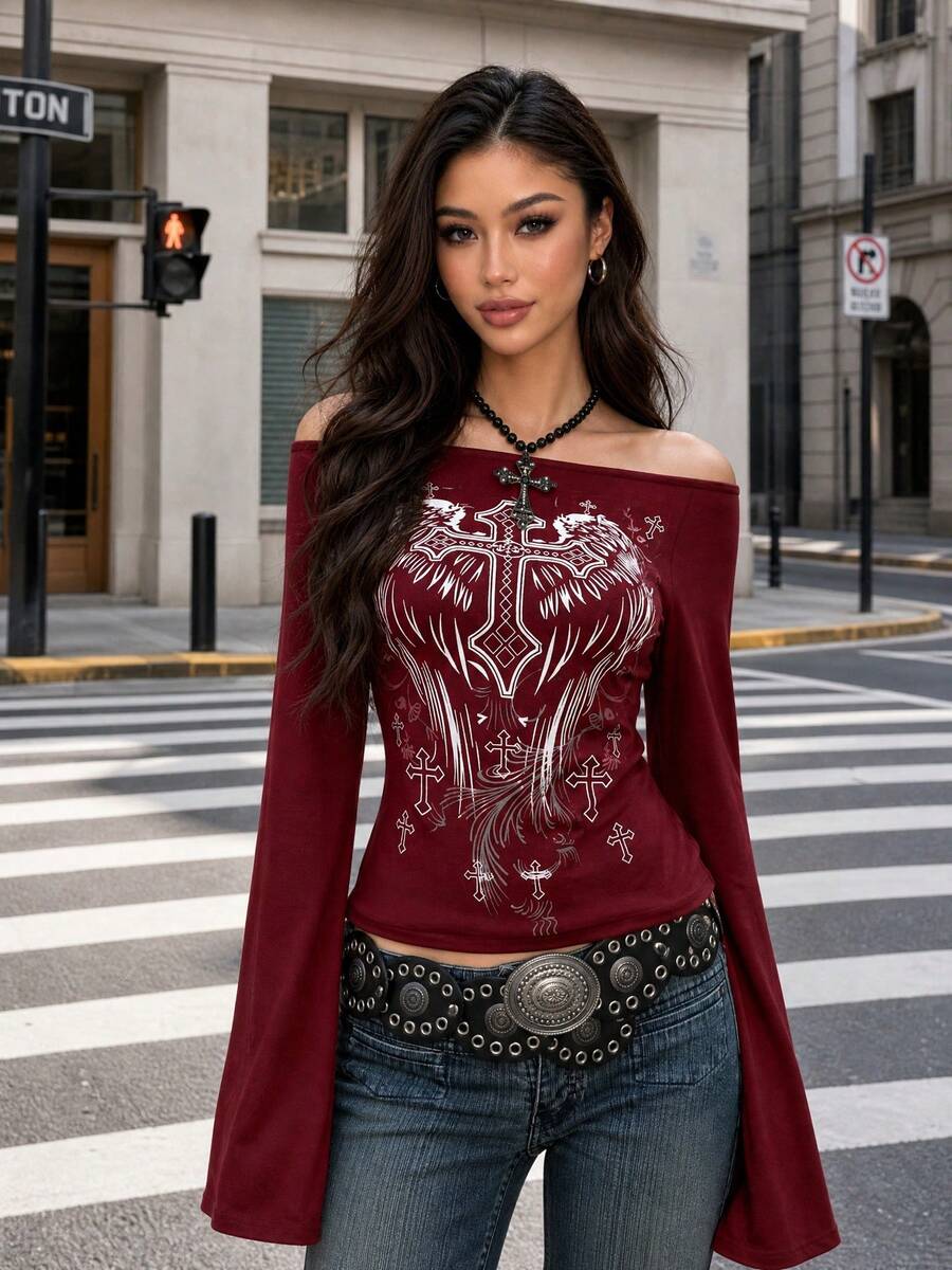 时尚休闲 Y2K 女式交叉印花露肩喇叭袖上衣 春季红色 - 紅色 - 查看 1