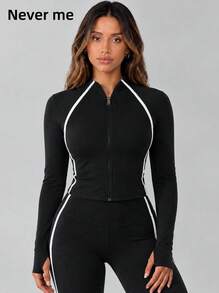 Never me Women's Sports Jacket Stand Collar Zipper Short Raglan Long Sleeve Contrast Stitching Cuff Cutout Yoga Pilates Outdoor Jogging Daily Commute - Black - View 1