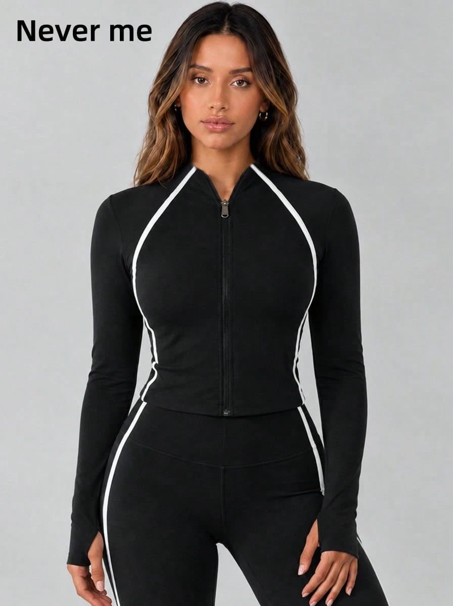 Never me Women's Sports Jacket Stand Collar Zipper Short Raglan Long Sleeve Contrast Stitching Cuff Cutout Yoga Pilates Outdoor Jogging Daily Commute - Black - View 1
