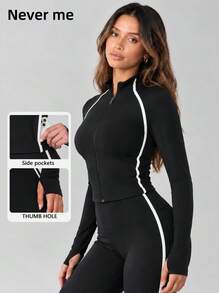 Never me Women's Sports Jacket Stand Collar Zipper Short Raglan Long Sleeve Contrast Stitching Cuff Cutout Yoga Pilates Outdoor Jogging Daily Commute - Black - View 3
