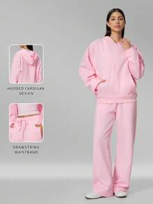 MFVIM Women's Autumn/Winter New Long Sweatshirt + Long Sweatpants 2pcs Sports Casual Versatile Set - Baby Pink - View 3