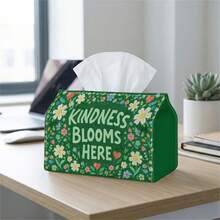 2D Flat Design, 1pc Tissue Box, Playful Floral Art - Minimalist Design, Letter & Flower Green & White Cheerful Pattern, Suitable For Office Desk, Elegant Home & Car Interior Decoration, Easy To Refill Tissue Storage Box - Multicolor - View 5