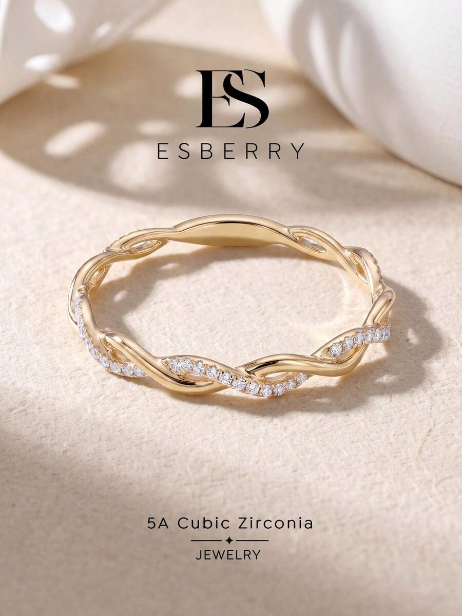 ESBERRY 1 st elegant ring för kvinnor med kubisk zirkonia och twistdesign, lämplig för dagligt bruk, bröllop, förlovning och brudsmickerier - Guld - Visa 1
