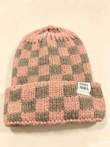 Vintage Contrast Color Checkerboard Patchwork Knit Beanie, Unisex Oversized Loose Folded Cuff Knitted Hat, Korean Style Face-Slimming Checkerboard Cap, Warm Slouchy Hat For Autumn/Winter Outdoor Travel, Multiple Colors Available - Multicolor - View 6