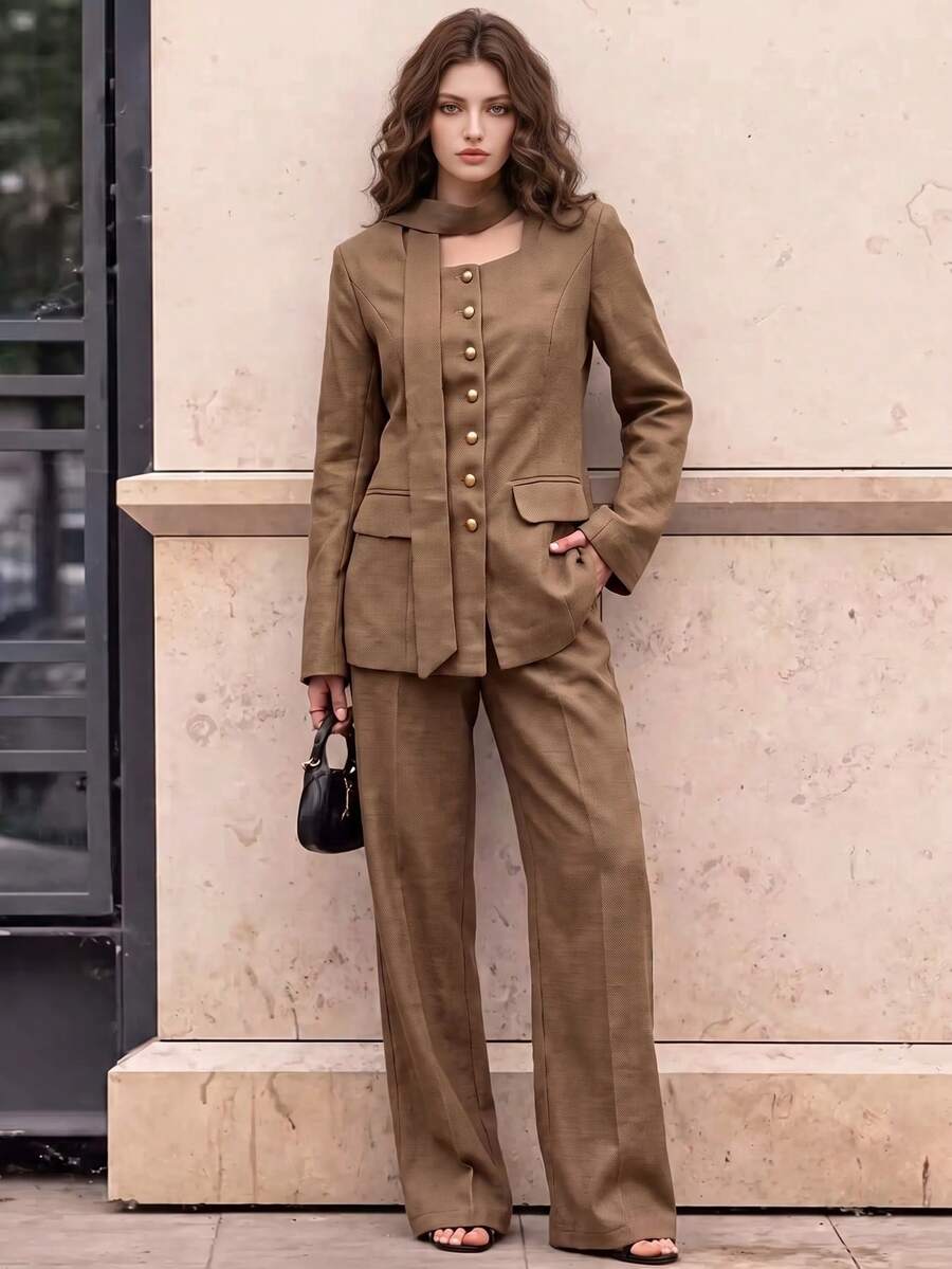 Old Money Vintage Button-Front Slim Fit Blazer, Elegant Square Neck Scarf Decor Long Sleeve Shirt, Suitable For Formal Business Occasions And Parties - Khaki - View 1