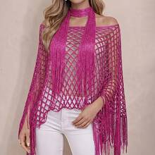 2PCS Women's Fashion Hollow Out Sun Protection Shawl And Scarf Set, Tassel Design Pullover Beach Cover-Up, Suitable For Casual Outings, Parties, Beach Vacations, Hand Washable, Perfect Holiday Outfit - Multicolor - View 14