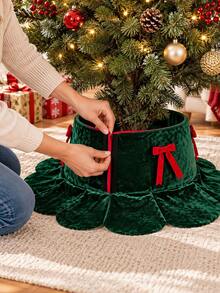 1pc Deep Green Velvet Bow Christmas Tree Collar, 60cm Elegant Wavy Edge Tree Skirt Base Cover, Luxury Christmas Tree Bottom Decoration, Suitable For Christmas Party, Holiday Home And Living Room Decor - Dark Green - View 5