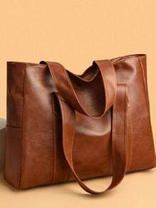 Fashion PU Underarm/Shoulder Tote Bag, Solid Color Neutral Style, Suitable For Casual, Work And Travel, Large Capacity Student Backpack, Suitable For University Campus - Brown - View 3