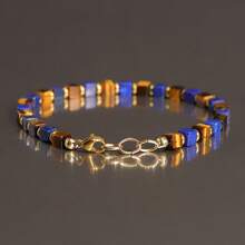 1PC Natural Lapis Lazuli And Tiger Eye Stone Square Bead Bracelet, Retro Luxury Wrist Accessory, Unisex, Suitable For Parties And Birthday Gifts. - Multicolor - View 3