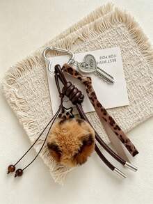 1PC Vintage Brown & Green Colorblock Pom Pom Bag Charm, Leopard Print Woven Strap Retro Key Pendant With Carabiner Backpack Accessory - Multicolor - View 6