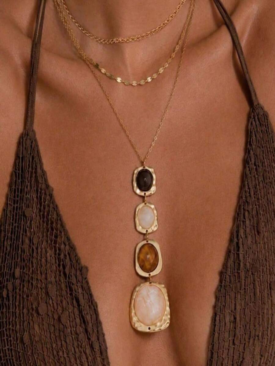 Old Money Style Chinese Ink Wash Brown Hollow Resin Pendant Necklace, Women's Vintage Luxury High-End Sweater Chain Neck Accessory - Multicolor - View 1