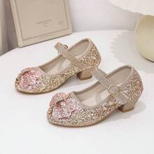 Sparkling Sequin Girls Princess Shoes, Fine Glitter Bowknot With Rhinestone Heart Pendant, One-Strap Magic Hook & Loop Closure, Easy On & Off, Suitable For Performance, Birthday Party, Dress Matching - Champagne - View 3