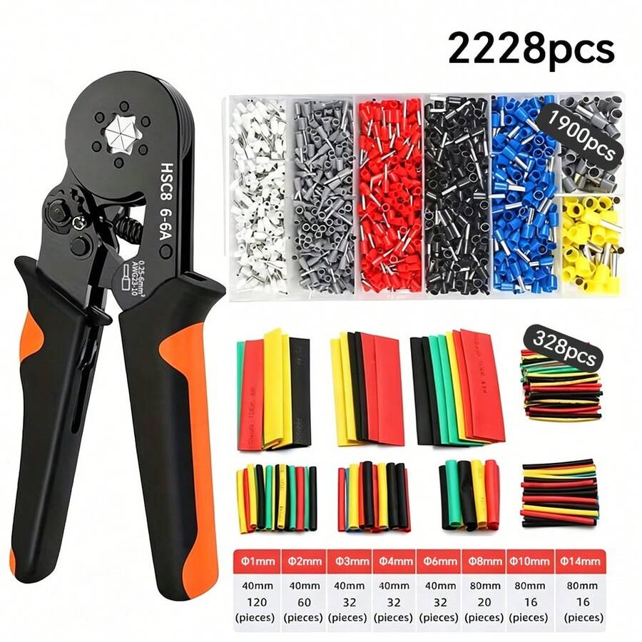 Kit de herramientas para crimpar cables + 2228 accesorios, herramienta manual HSC8 6-4A para crimpar cables, abrazaderas tubulares, terminales de cable, manguitos, kit de conectores, alicates de crimpado tubular, manguitos para extremos de cables. - Negro - Ver 1