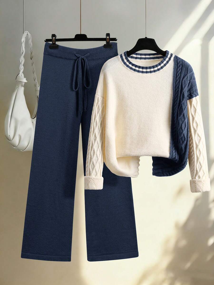 Women's Colorblock Round Neck Knit Sweater & Pants 2 Pieces Set, Plus ...