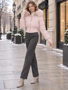 Women's Pink Quilted Padded Coat With Hood And Faux Fur Trim, Ribbed Knit Cuffs And Hem, Full Zip Closure, Winter Outfit Essential - Pink - View 5