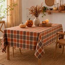 1pc Rust Orange Plaid Autumn Decorative Tablecloth, Thanksgiving Harvest Theme Farmhouse Style Dining Table Decor, Suitable For Kitchen, Dining Room, Holiday Party, Home Decor - Multicolor - View 1