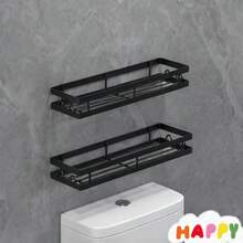 1pc Bathroom Storage Rack Wall-Mounted Matte Black Shower Organizer No Drilling Installation Floating Metal Shelf Suitable For Toilet Above And Sink Multi-Functional Hanging Basket Home Decor And Space Expansion Storage Rack - Multicolor - View 7