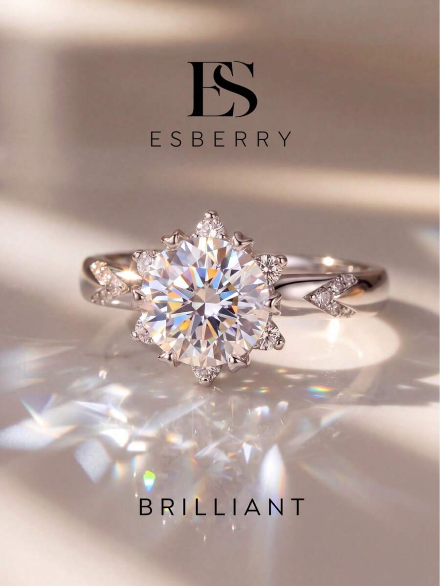 ESBERRY 1pc Moissanite Ring Classic Style 2CT 6-Prong Single Diamond Ring, Suitable For Women's Wedding And Engagement Wear