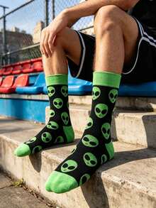 1 Pair Men's Green & Black Alien Cartoon Funny Creative Mid-Calf Socks, All Season High Elasticity Skin-Friendly Style Suitable For Holiday Party Hip Hop Streetwear - Multicolor - View 4