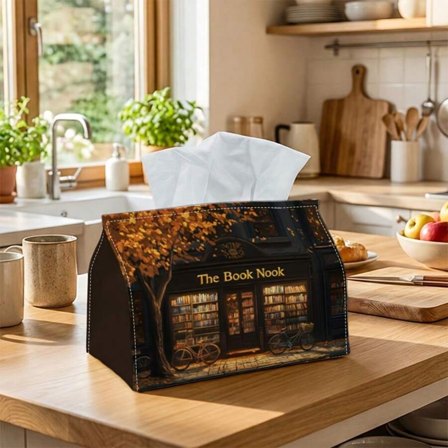 1pc Bookstore Cabin Pattern Tissue Box, Multi-Functional Sturdy Storage Box, Perfect For Living Room, Bedroom Or Kitchen Home Decor, Can Effectively Hide And Store Tissues And Napkins
