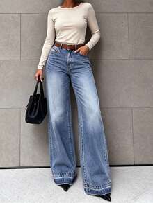Light Wash Straight Leg Jeans, Suitable For Women's Casual Spring Wear, Button Decor, Medium Stretch Fabric, Long Length - Light Wash - View 2
