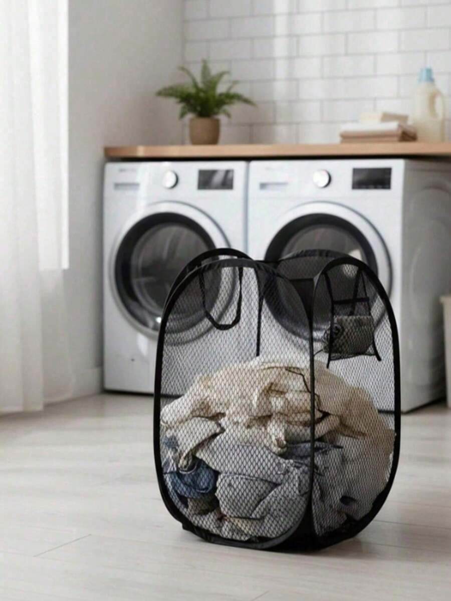 1pc Minimalist Foldable Laundry Basket, Breathable & Moisture-Proof Portable Dirty Clothes Storage Bin, Solid Color With Side Pocket Wash Basin, Suitable For Bedroom Bathroom Home Storage, Travel Business Trip Storage Accessory Laundry Basket - Black - View 1