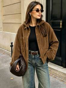 Women's Hooded Corduroy Solid Color Front Button Daily Shirt, Autumn/Winter - Brown - View 1