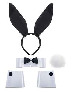 Halloween 5pcs/Set Black/White/Pink/Magenta/Black-Pink Rabbit Ear Headband & Bowknot & Rabbit Tail Decoration Set, Bunny Party Decoration Set, Holiday Party Decoration Set, Photo Decoration Set, Suitable For Halloween, Holiday Party, Bunny Party, Photo Decoration Props - Multicolor - View 13
