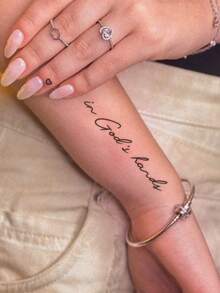 1 Sheet Cursive Quote Wrist Temporary Tattoo Stickers, Thin Handwritten Script "In God's Hands" Fake Tattoos, Minimal Faith Inspirational Body Art For Women, Waterproof Wrist Decor - Black - View 3
