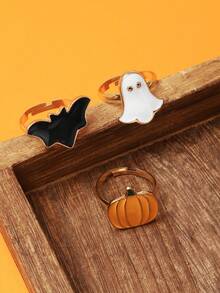 Set Of 3 Halloween Fashion Design Cute Pumpkin, Ghost, Bat Rings For Women And Couples - Multicolor - View 4