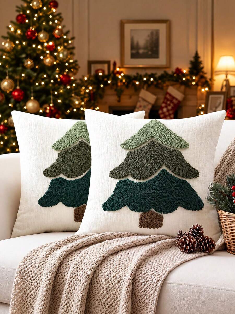 聖誕樹雪花抱枕套 冬季刺繡聖誕樹裝飾枕套 柔軟毛絨仿皮草靠墊套 適合聖誕沙發居家裝飾 - 綠色 - 查看 1