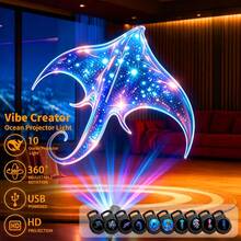 Colorful Ocean Animal USB Projection Creative Pattern Photo Room Atmosphere Light, 3D Night Light Ocean Animal Atmosphere Light With Multiple Projection Image Replacement, LED Projection, Decorative Lighting Projection, Suitable For Indoor Room Walls, Ceiling Projection, USB 360° Adjustable Angle, Christmas Gift Holiday Gift Perfect Essential Gift For 13 Holidays - Plug-in Colorful Atmosphere Night Light - Ocean Animals - View 2