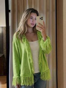 Y2K Textured Top With Lace Patchwork And Fringe Details, Long Sleeve Asymmetrical Hem T-Shirt For Casual Everyday Outfits Fall And Winter - Neon Green - View 4