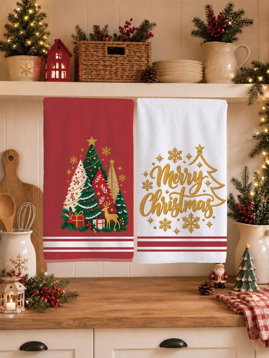 2PCS Kitchen Towels, Golden Deer Christmas Tree Pattern Dish Cloths, Pastoral Style 40*60cm Rectangular Microfiber Cleaning Towels, Perfect For Kitchen, Dining Room And Bathroom Use, Christmas Kitchen Decor, Home Decoration, Housewarming Gift For Neighbors, Scouring Pads Dish Cloths - Red - View 1